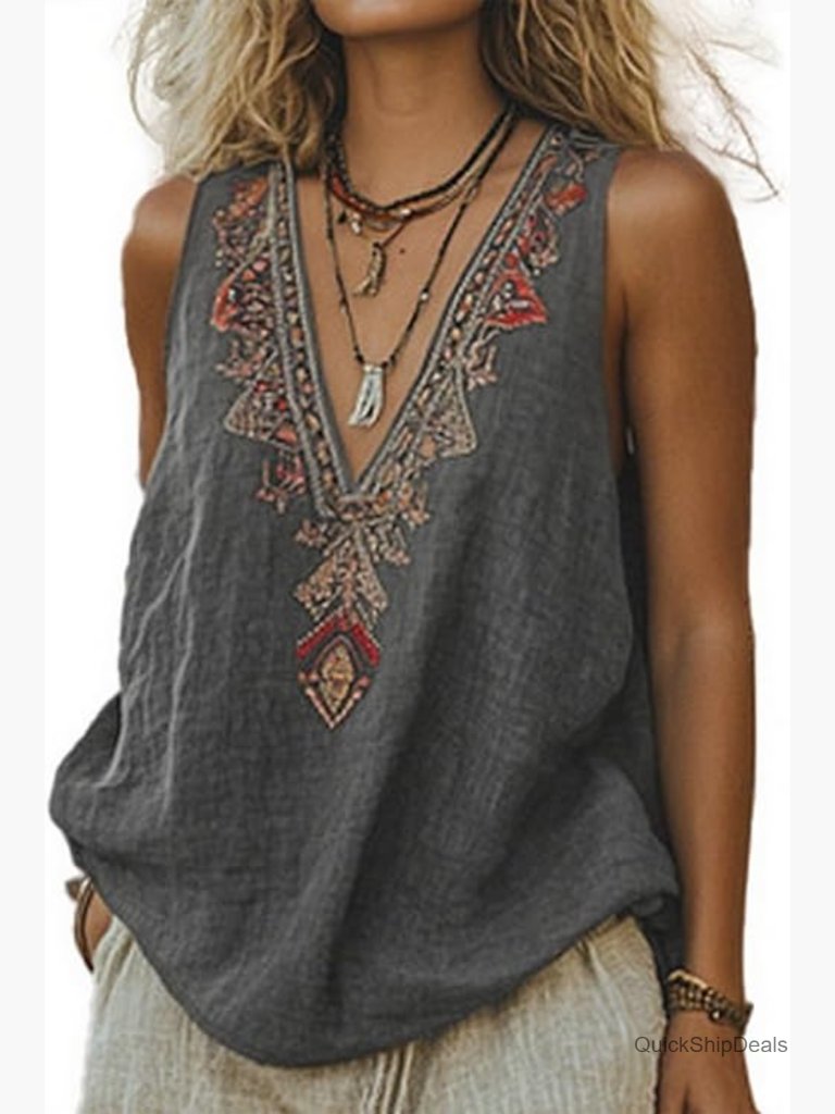 Sleeveless Linen Embroidered Boho V Neck Tank Top